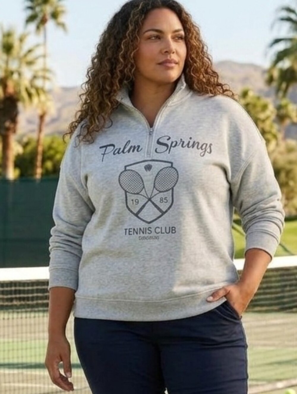Oak & Trellis Palm Springs Tennis Club Grey Quarter Zip Sweatshirt Plus 2X